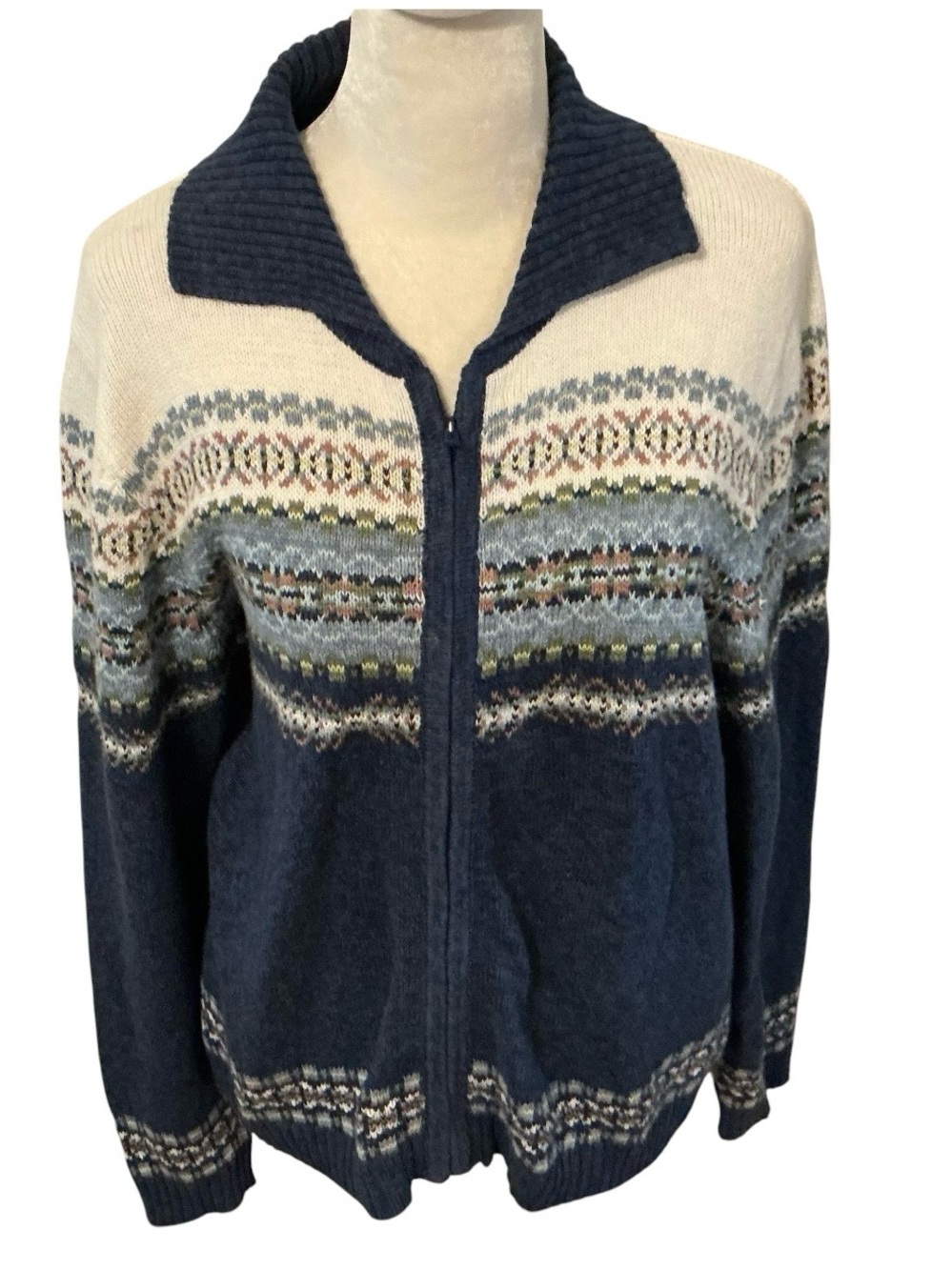 Tiara International Vintage Fair Isle Full Zip Sweater Small Ramie Cotton